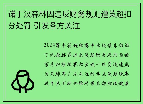 诺丁汉森林因违反财务规则遭英超扣分处罚 引发各方关注