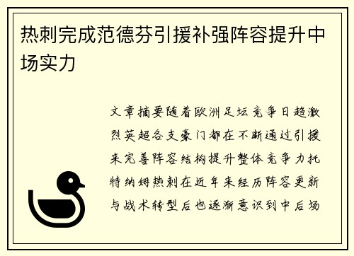 热刺完成范德芬引援补强阵容提升中场实力 热刺完成范德芬引援补强阵容提升中场实力
